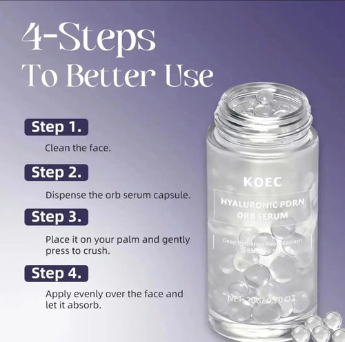 Clear glass bottle of KOEC Hyaluronic PDRN Orb Serum filled with capsule orbs, labeled with usage steps in bold text on a gra