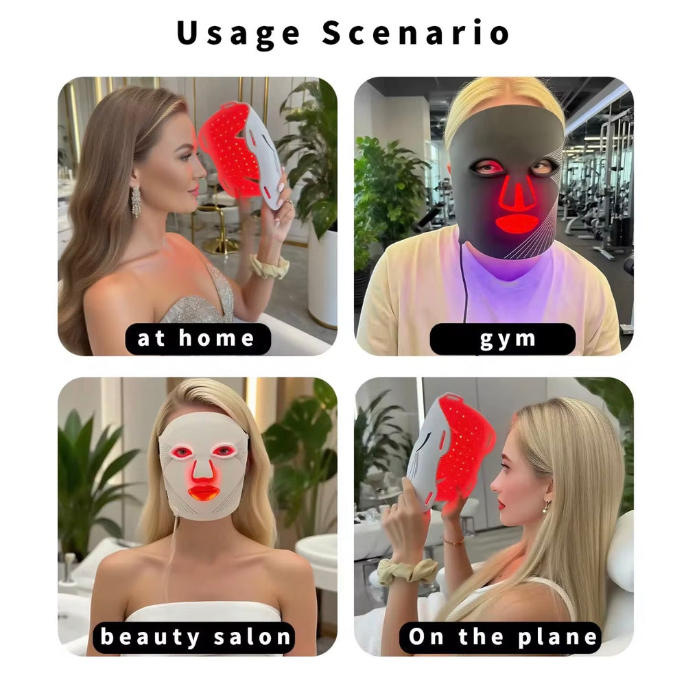 "Four images showing a 7-color LED light therapy mask being used at home, gym, beauty salon, and on a plane."