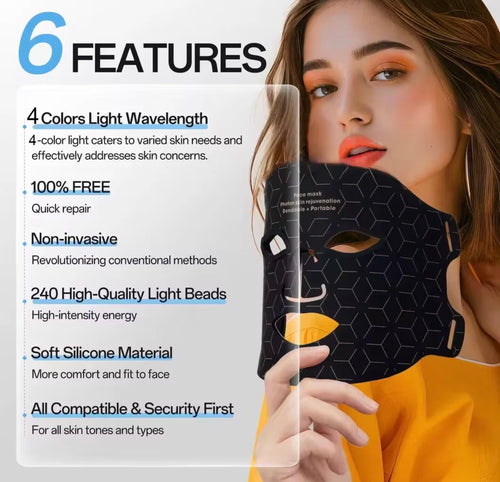 "Black LED light therapy mask with hexagonal pattern, featuring eye and mouth openings, displayed on a model's face."
