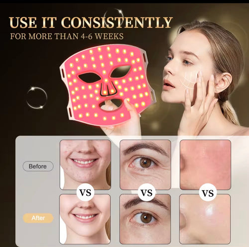 "7-color LED light therapy mask in pink with red bulbs, model wearing it against a dark background, before-and-after comparis