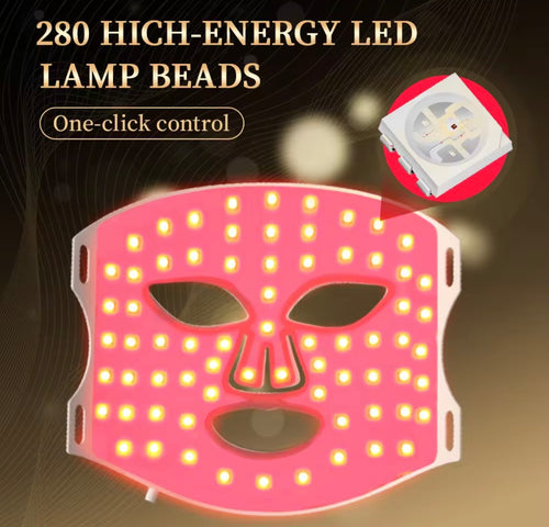 "Pink LED light therapy mask with 280 lamp beads, featuring eye and mouth cutouts, shown against a dark background."
