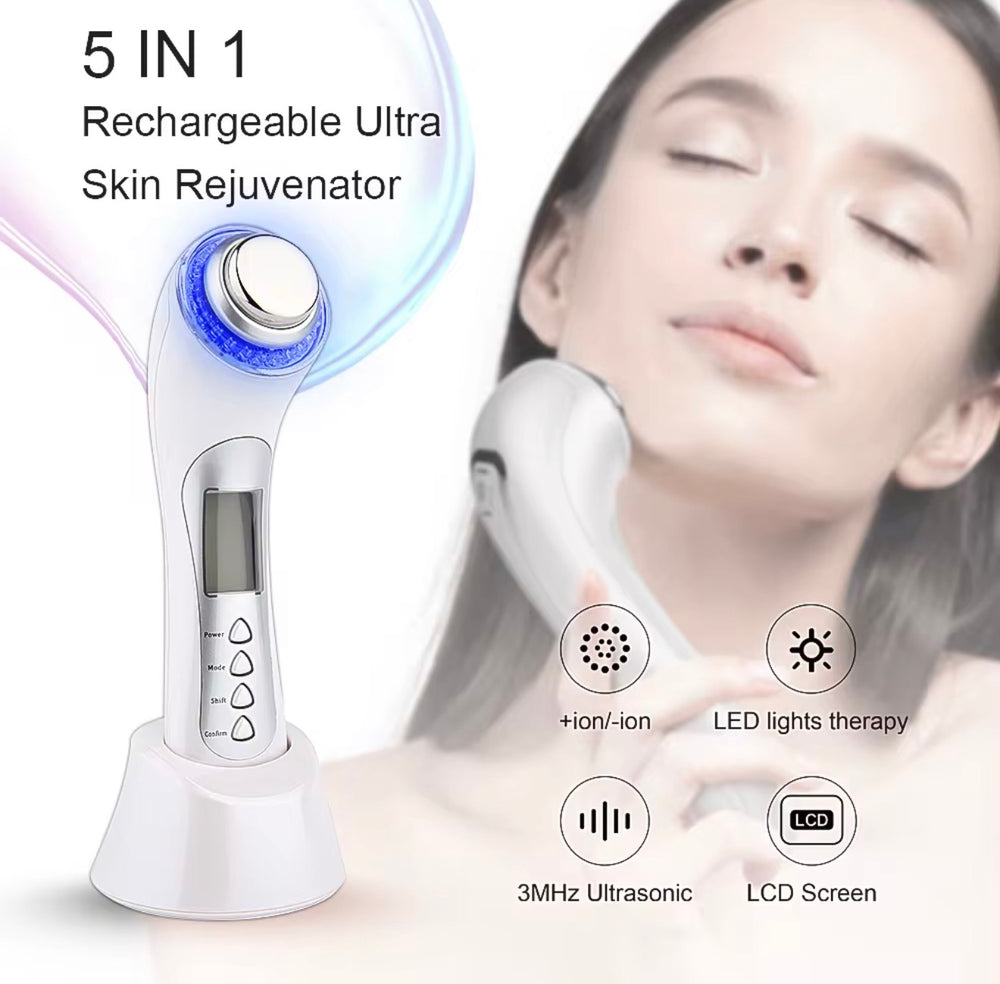"White 5-in-1 ultrasonic facial device with LCD screen, blue light ring, and sleek ergonomic design, angled view"