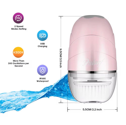 "Pink rotating facial cleansing brush with white bristles, USB charging port, and waterproof design, side view."