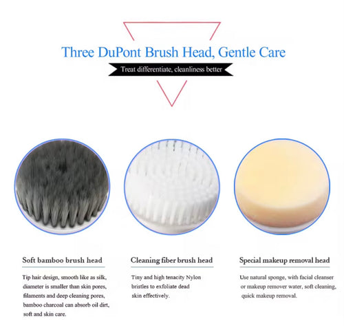 "Three facial brush heads: black soft bamboo, white nylon cleaning, and yellow makeup removal, displayed on a white backgroun