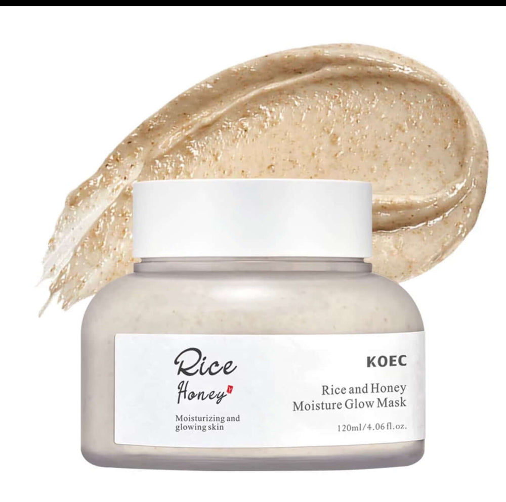 "KOEC Rice & Honey Glow Mask in clear jar with white lid, creamy beige texture swirled beside it."