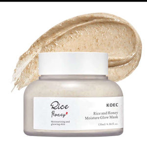 "KOEC Rice & Honey Glow Mask in clear jar with white lid, creamy beige texture swirled beside it."