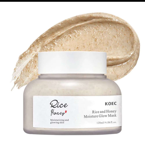 "KOEC Rice & Honey Glow Mask in clear jar with white lid, creamy beige texture swirled beside it."