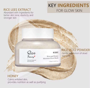 "Clear jar of KOEC Rice & Honey Glow Mask with a white lid, surrounded by a beige cream texture, labeled with key ingredients