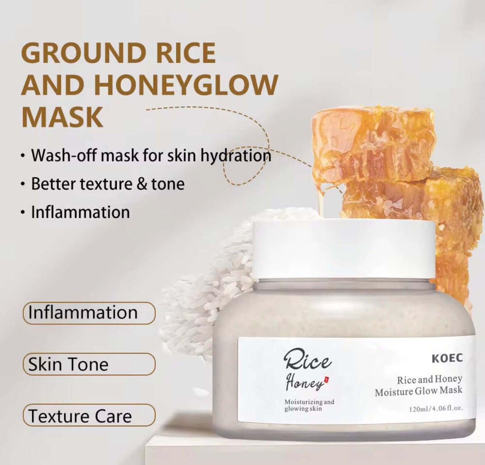 "KOEC Rice & Honey Glow Mask in jar with white lid, surrounded by rice grains and honeycomb, on light beige background."