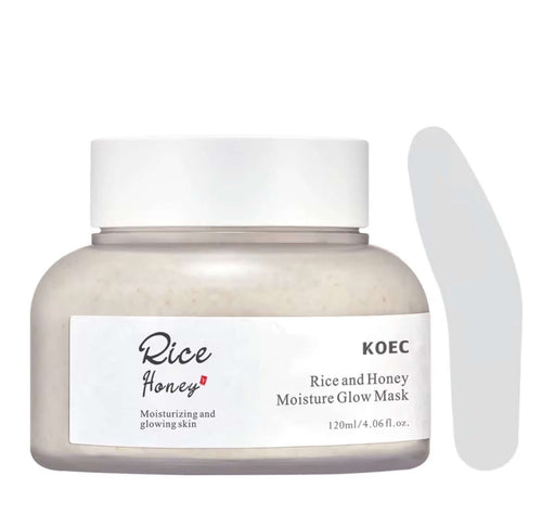 "Round glass jar with a white lid, filled with creamy rice and honey mask, label featuring black text on white background."