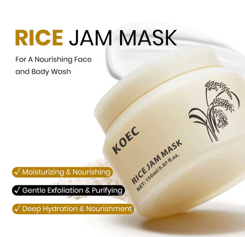 KOEC rice glow mask jar for moisturizing, gentle exfoliation, and deep hydration – nourishing face and body treatment