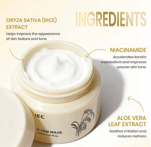 "KOEC Rice Glow Mask jar in cream color with a white lid, showcasing creamy texture and ingredient list on a light background