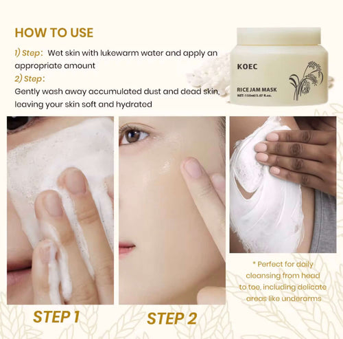 "KOEC Rice Glow Mask in a cream jar with a white lid, with application steps showing creamy texture on skin."