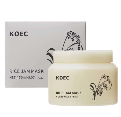 "KOEC Rice Glow Mask in a pale yellow jar with a minimalist design, featuring rice plant illustrations, next to a silver box.