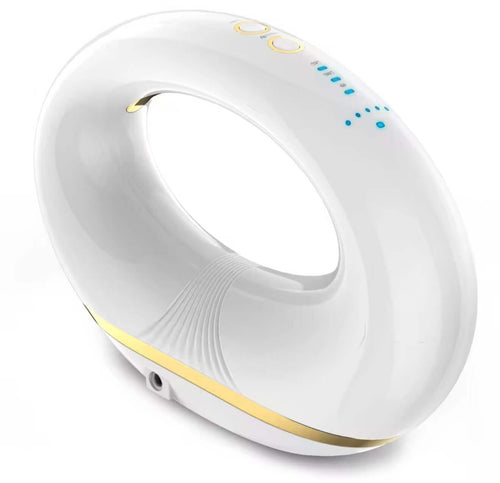 "White 4-in-1 body sculpting device with a glossy finish, gold accents, and blue indicator lights, angled view"
