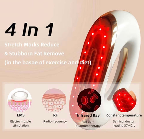 "White 4-in-1 body sculpting device with red light display, ergonomic handle, and icons for features on beige background."