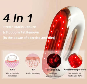 "White 4-in-1 body sculpting device with red LED lights, ergonomic handle, and icons for features including EMS and RF."
