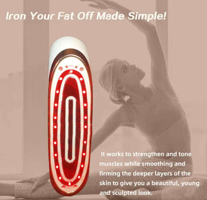 "4-in-1 body sculpting device with a sleek white and red design, featuring an oval shape and LED lights, side view."