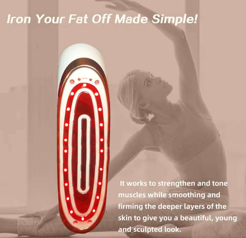 "4-in-1 body sculpting device with a sleek white and red design, featuring an oval shape and LED lights, side view."
