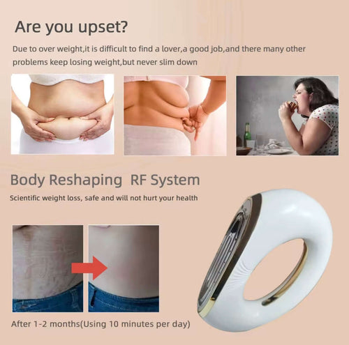 "White 4-in-1 body sculpting device with a metallic silver accent, shown with before-and-after images of body contouring."