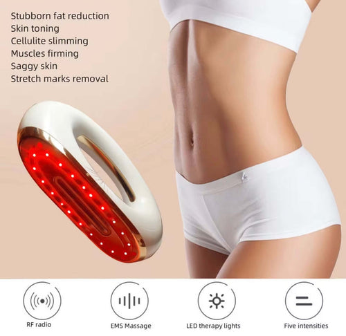 "White and gold 4-in-1 body sculpting device with red LED lights, held against skin, featuring five function icons below."