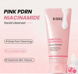 KOEC Pink PDRN Niacinamide Facial Cleanser tube on pink background, gentle morning cleanser for bright skin, 75ml