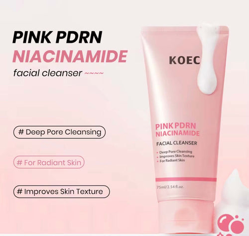KOEC Pink PDRN Niacinamide Facial Cleanser tube on pink background, gentle morning cleanser for bright skin, 75ml