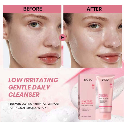 Before and after results using KOEC Pink PDRN Niacinamide Facial Cleanser, a gentle morning cleanser.