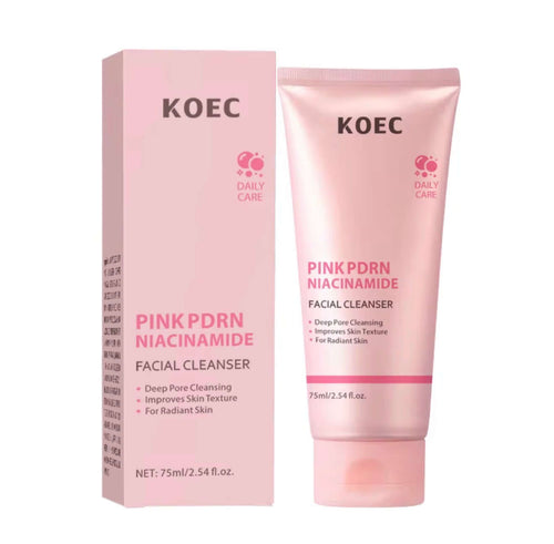 Light pink tube of KOEC Pink PDRN Niacinamide Facial Cleanser with a flip cap, alongside a matching box, both on a white back