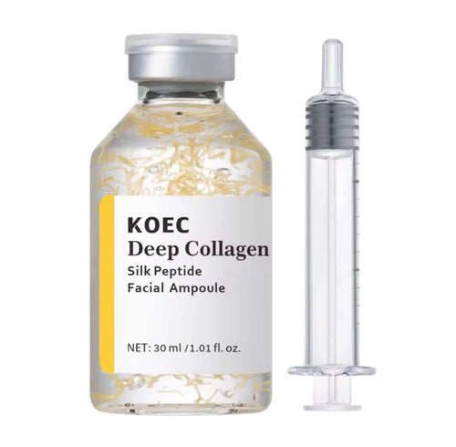 KOEC Deep Collagen Silk Peptide Facial Ampoule 30ml vial with applicator syringe for deep hydration and anti-aging skincare