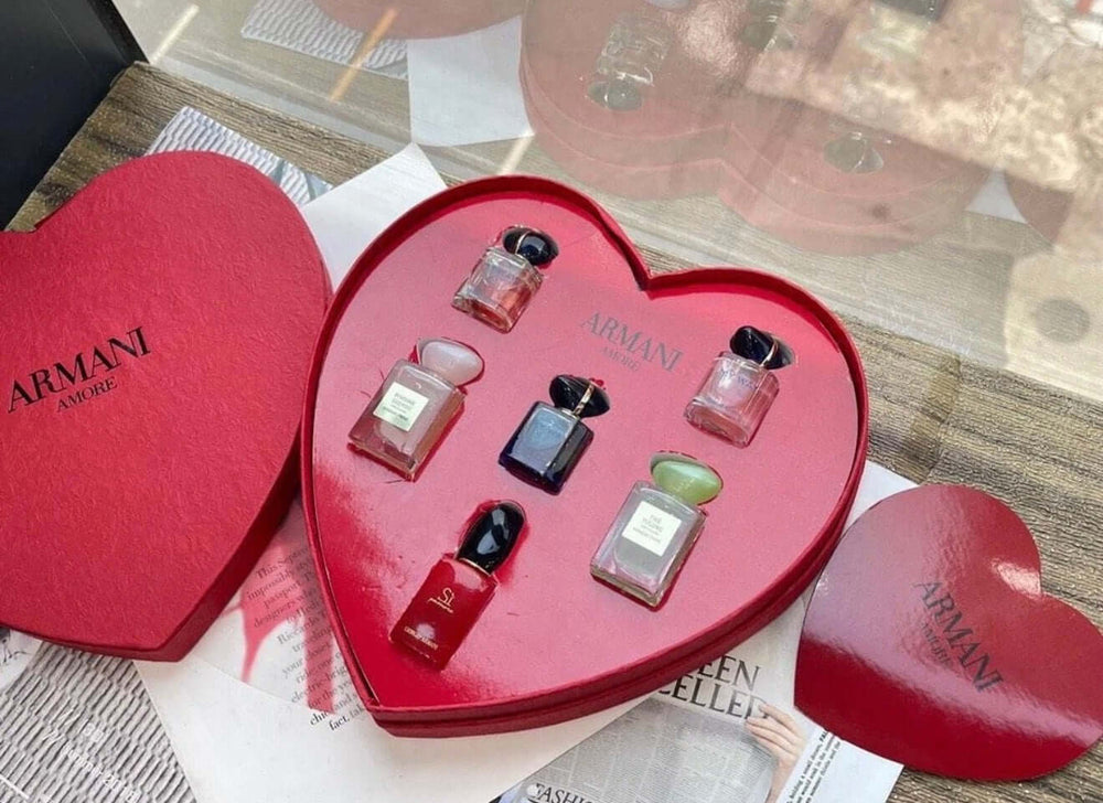 Luxury Mini Perfume Gift Set in a heart-shaped box featuring six designer-inspired fragrance bottles.