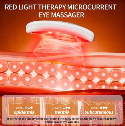 Red light microcurrent eye massager showcasing its technology and benefits for skin vitality and wrinkle improvement.