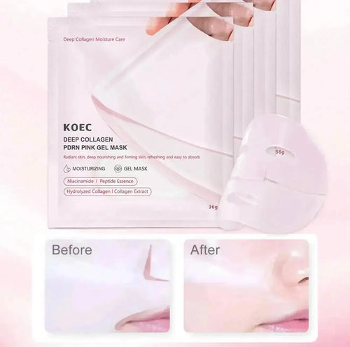 "Four pink gel mask packets with white text and illustrations, showing skin benefits, on a light pink background."