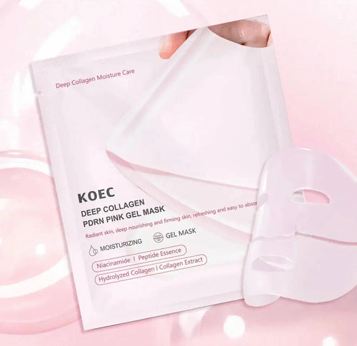 "KOEC Deep Collagen PDRN Pink Gel Mask packaging in soft pink with white text, featuring a gel mask outline on the right."