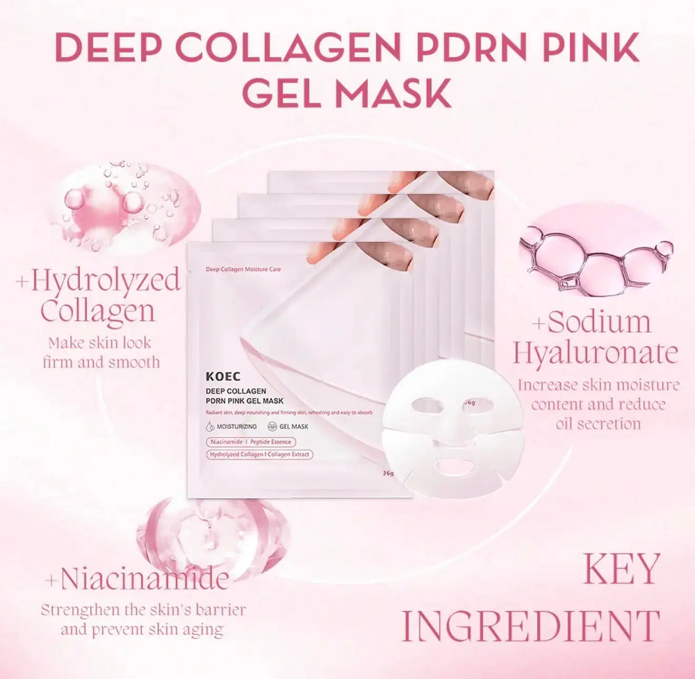 "Four pink gel mask packets with white text and illustrations, arranged on a light pink background."