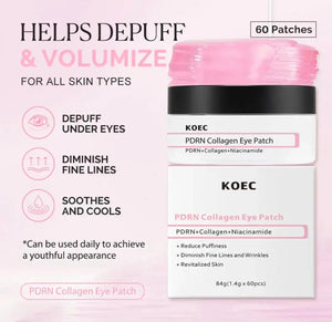"KOEC PDRN Collagen Eye Patch jar in white with pink accents, featuring a black lid and a label displaying product details."
