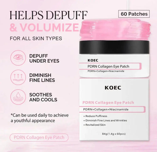 "KOEC PDRN Collagen Eye Patch jar in white with pink accents, featuring a black lid and a label displaying product details."