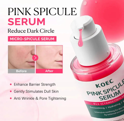 "KOEC Pink Spicule Serum B12 in a round white bottle with a pink cap, featuring before and after images for dark circles."
