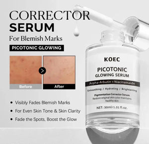 "Clear glass bottle with dropper, white label displaying 'KOEC Picotonic Glowing Serum,' against a light background."
