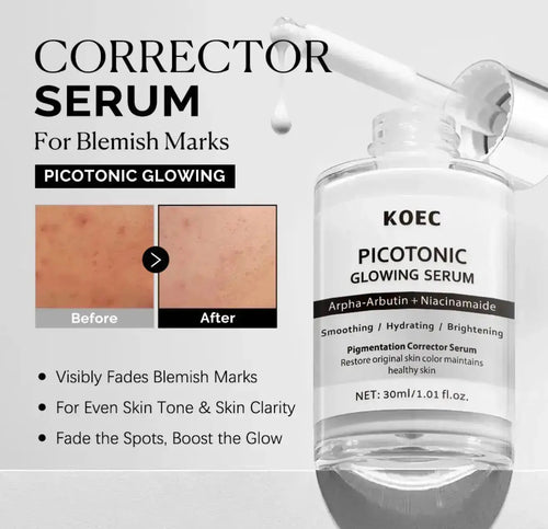 "Clear glass bottle with dropper, white label displaying 'KOEC Picotonic Glowing Serum,' against a light background."