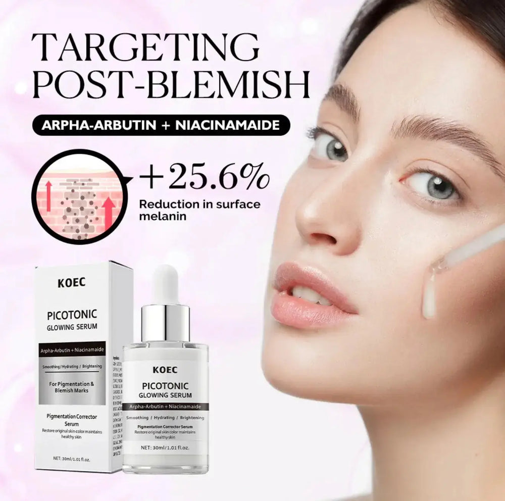 "KOEC Picotonic Glowing Serum in a clear glass bottle with a dropper, placed beside a white box featuring pink text."