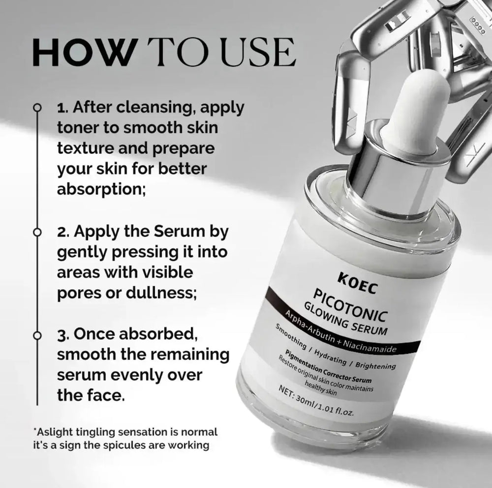 "Clear glass dropper bottle of KOEC Picotonic Glowing Serum with silver cap, shown on a textured white background."