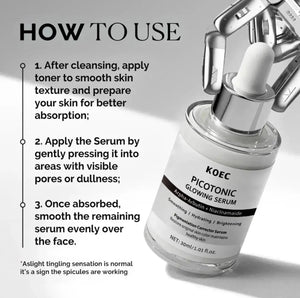 "Clear glass dropper bottle of KOEC Picotonic Glowing Serum with silver cap, shown on a textured white background."