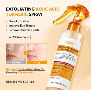 Clear spray bottle with a bright orange pump, labeled "KOEC Exfoliating Kojic Acid Turmeric Spray," on a light background.