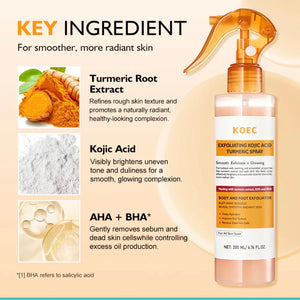 KOEC Exfoliating Kojic Acid Turmeric Spray – Body & Face Spray with AHA + BHA for Glowing, Smooth Skin