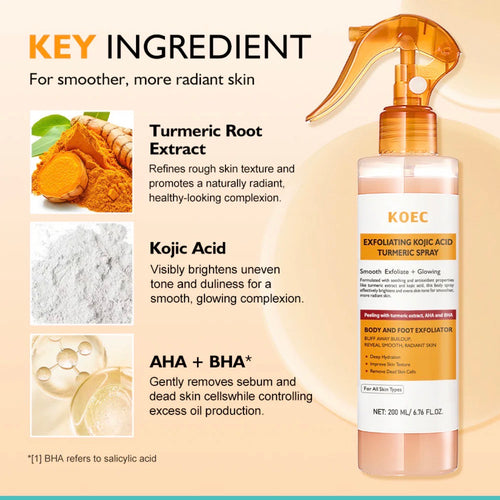 KOEC Exfoliating Kojic Acid Turmeric Spray – Body & Face Spray with AHA + BHA for Glowing, Smooth Skin