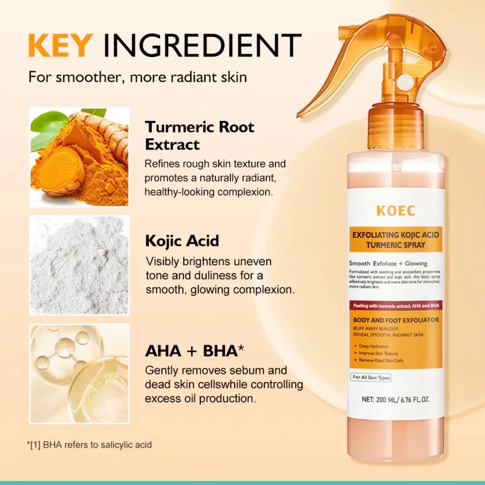 "Transparent spray bottle with a gold pump lid, labeled 'Exfoliating KOEC Acid Turmeric Spray' with orange and yellow accents