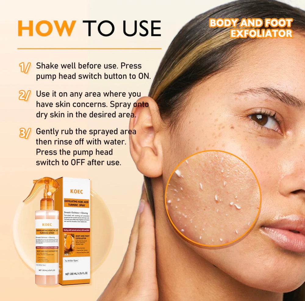 KOEC Exfoliating Kojic Acid Turmeric Spray – Body & Face Spray with AHA + BHA for Glowing, Smooth Skin