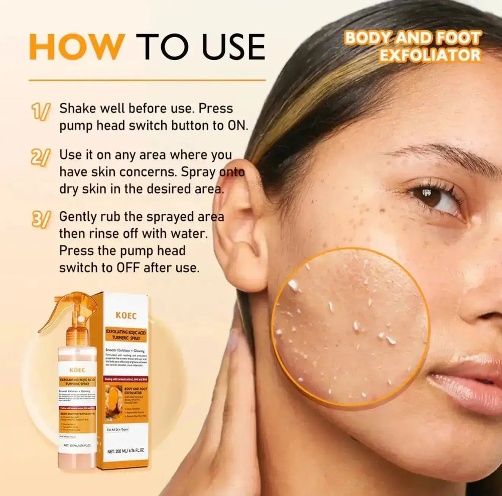 "Clear spray bottle with orange cap, labeled KOEC Exfoliating Kojic Acid Turmeric Spray, alongside a woman applying it on her