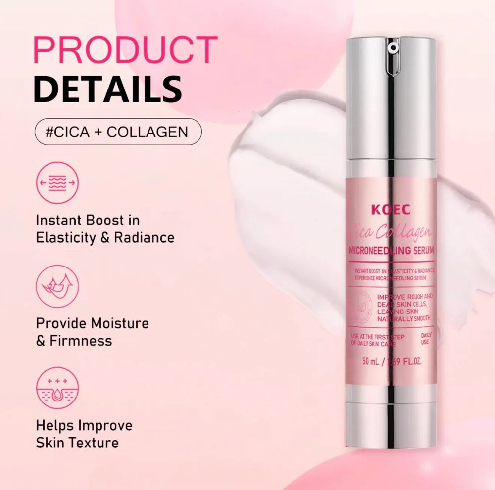 Silver and pink microneedling serum bottle with a pump top, featuring a pink label with white text, against a soft pink backg